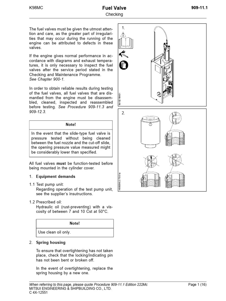 K98MC Fuel Valve Testing Procedure | PDF | Valve | Leak