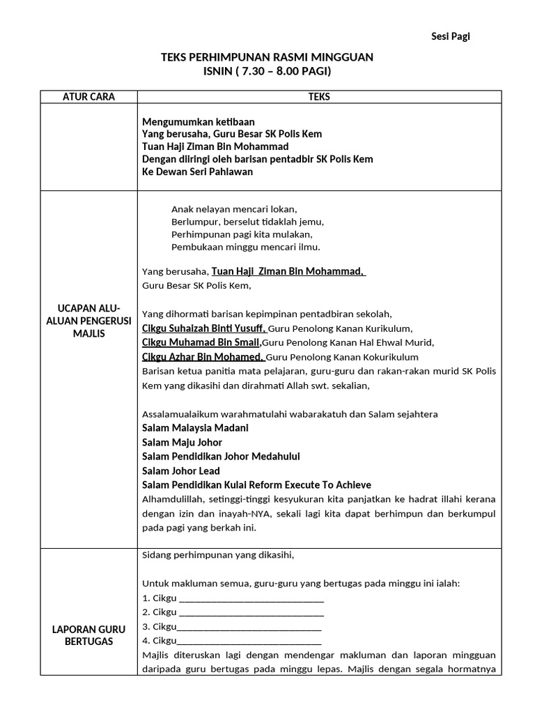 Teks Perhimpunan Rasmi Mingguan 2023 | PDF