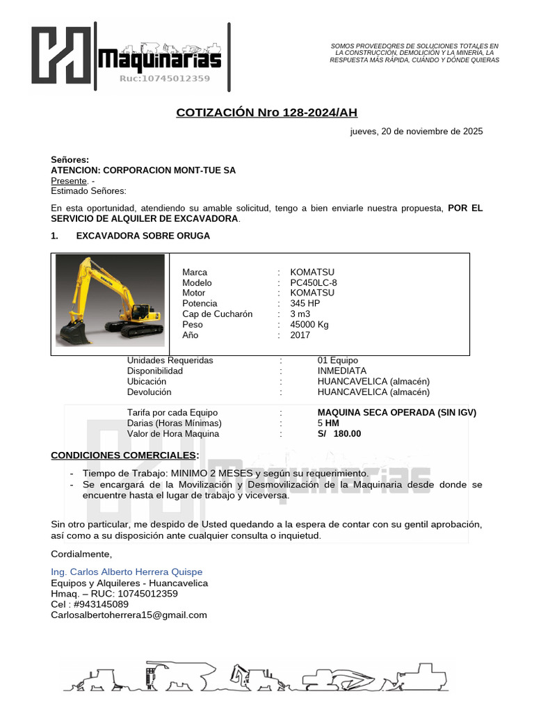 Alquiler de Excavadora Komatsu en Huancavelica | PDF