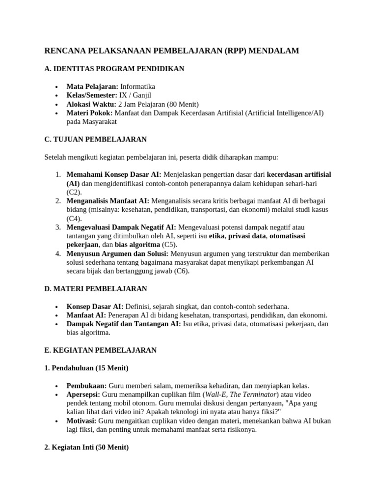RPP Informatika: Manfaat & Dampak AI | PDF