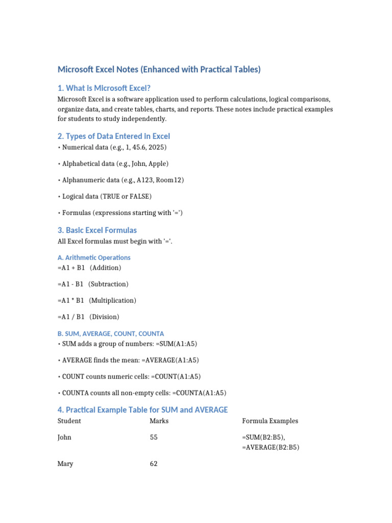 Excel Notes Enhanced Practical | PDF | Multiplication | Microsoft Excel