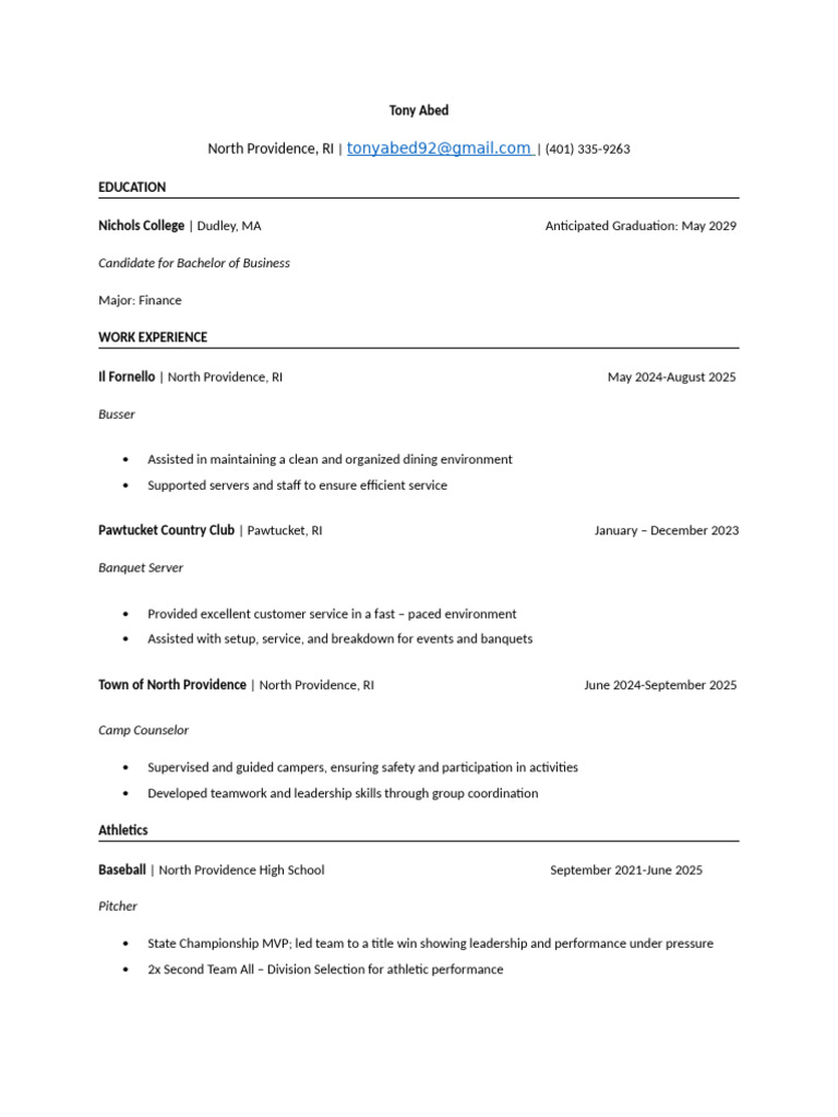 Tony Abed's Resume: Finance Student & Experience | PDF