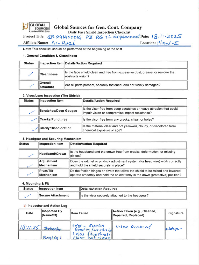 Face Shield Inspection Checklist 18 Nov 2025 | PDF