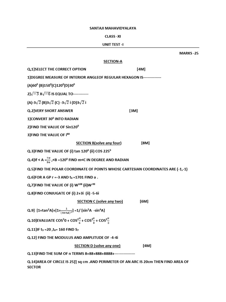 Xi Maths Unit Test 1 | PDF