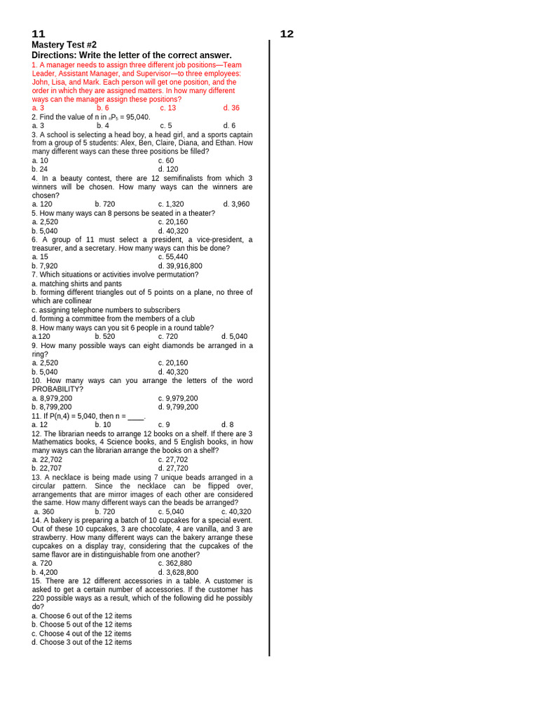 Permutation and Combination Practice Test | PDF | Chess Theory | Chess