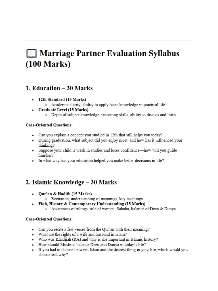 Marriage Partner Evaluation Syllabus (100 Marks) | PDF | Quran | Islam