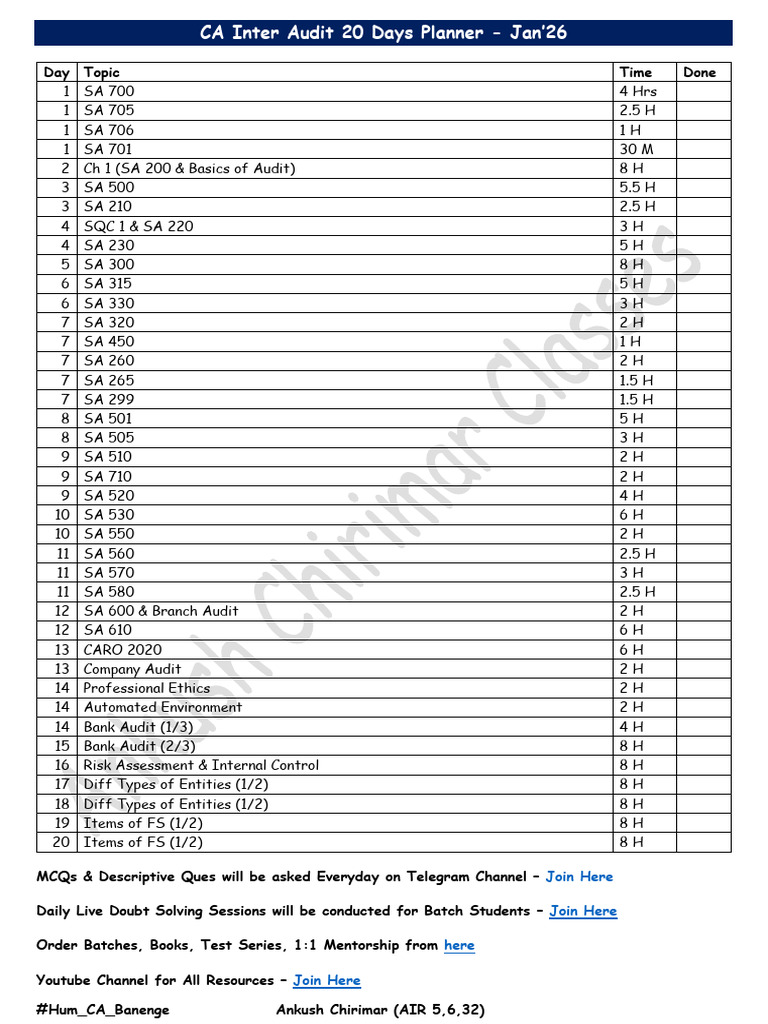 20 Days Audit Planner Jan 26 Ca Inter Ankush Chirimar Classes Pdf
