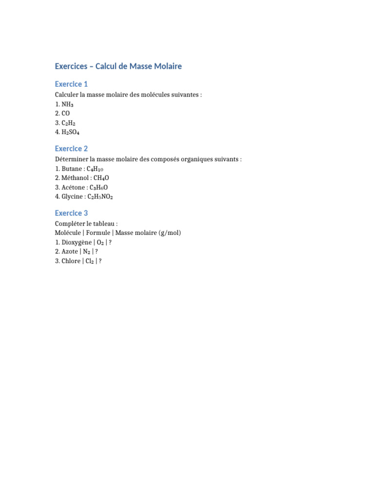Calcul de Masse Molaire Exercices Pratiques PDF — free download