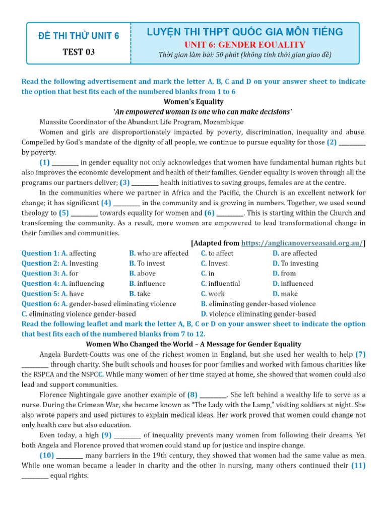 Tờ Số 26 Test 03 Unit 6 Gender Equality. | PDF