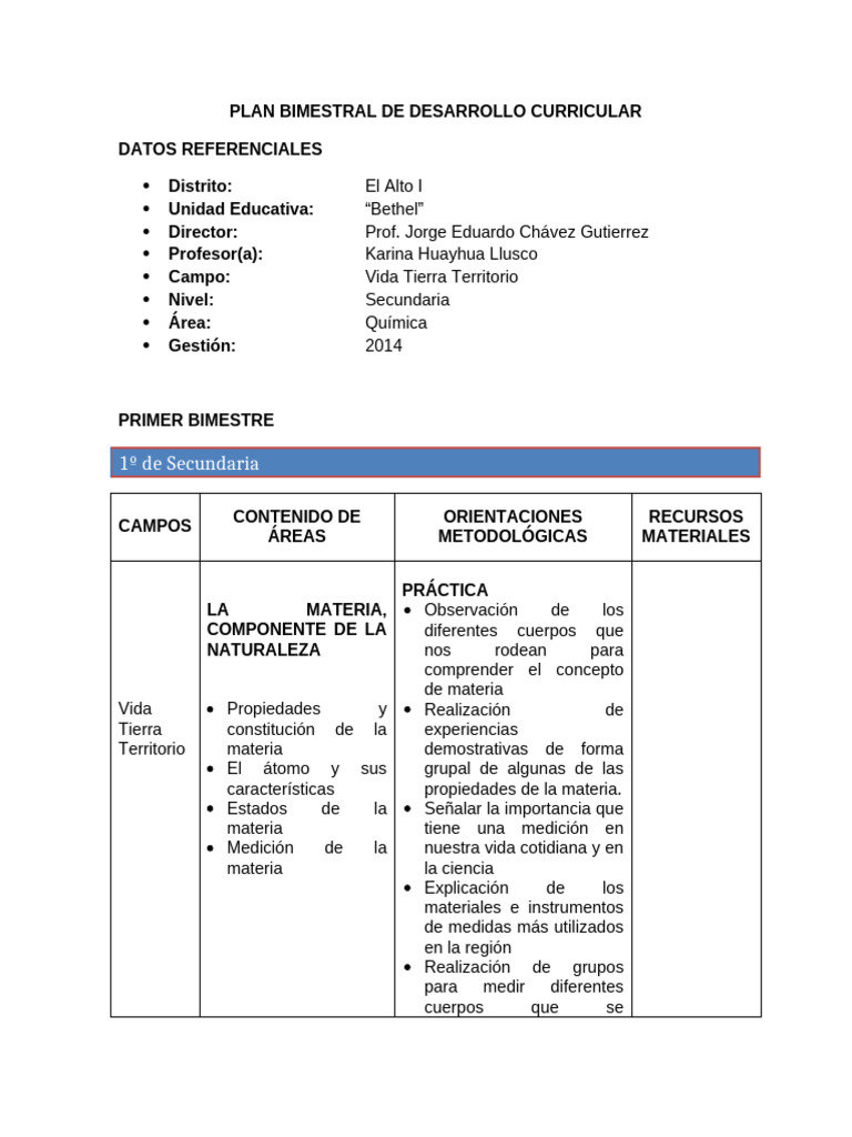 Plan Bimestral de Desarrollo Curricular | PDF | Química | Medición