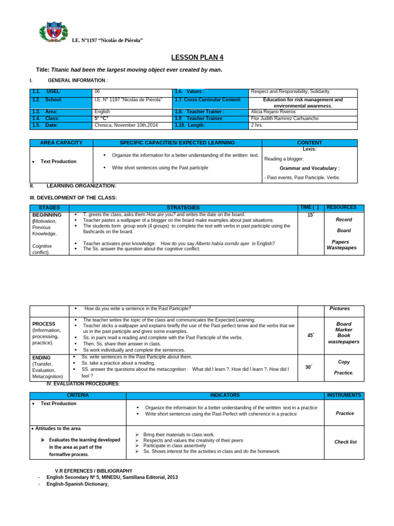 English Lesson Plan: Past Participle Usage | PDF | Perfect (Grammar) | Verb