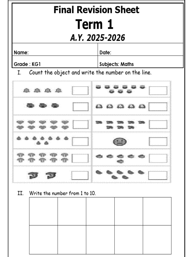 t1 Final Revision Maths For Kg1 | PDF