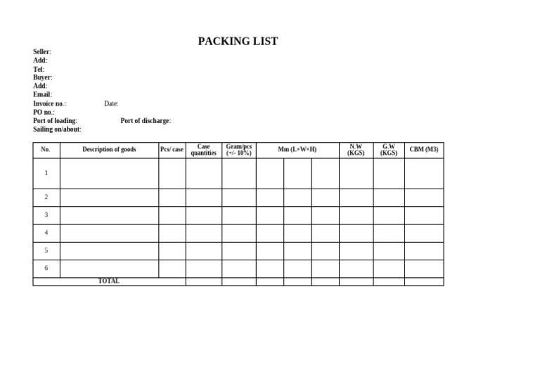 Comprehensive Packing List Template | PDF