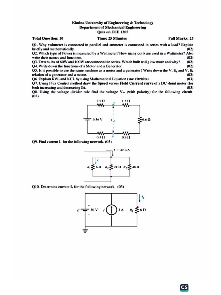 ME'23 EEE Lab Quiz | PDF