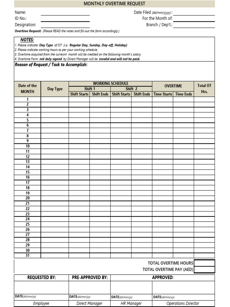Monthly Overtime Request Form | PDF | Overtime | Employment Compensation