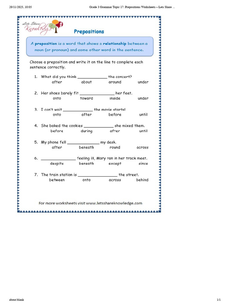 Grade 3 Grammar Topic 17 - Prepositions Worksheets - Lets Share .. | PDF