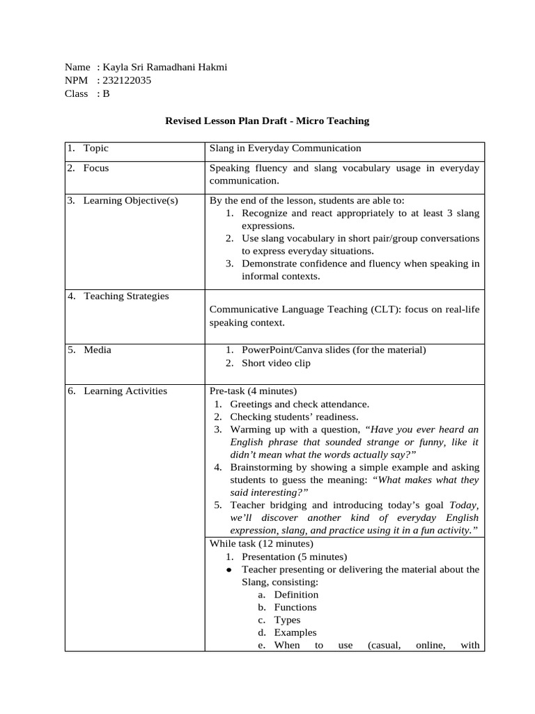 Slang in Everyday Communication Lesson Plan | PDF | Slang | Human ...