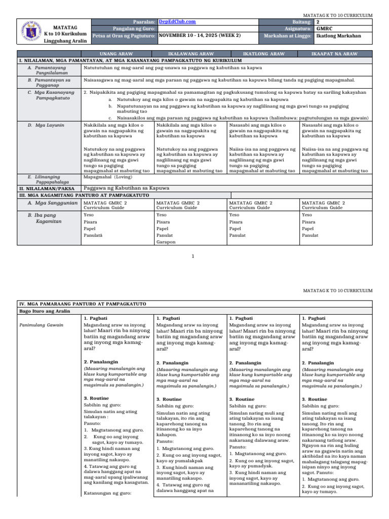 DLL Matatag - GMRC 2 - Q3 - W2 | PDF