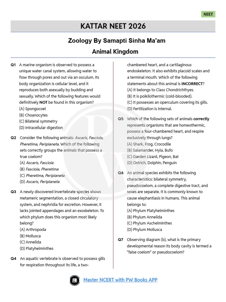 NEET 2026 Zoology Practice Questions | PDF | Zoology