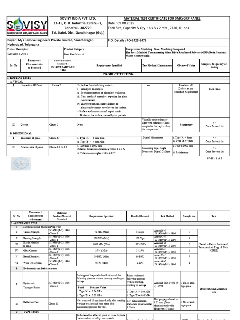SMC/GRP Panel Material Test Report | PDF | Fiberglass | Strength Of ...