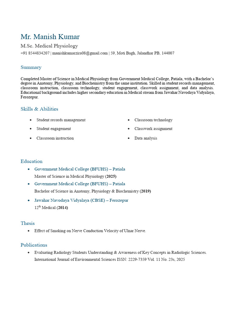 CV Manish Kumar (MSC Physiology) | PDF