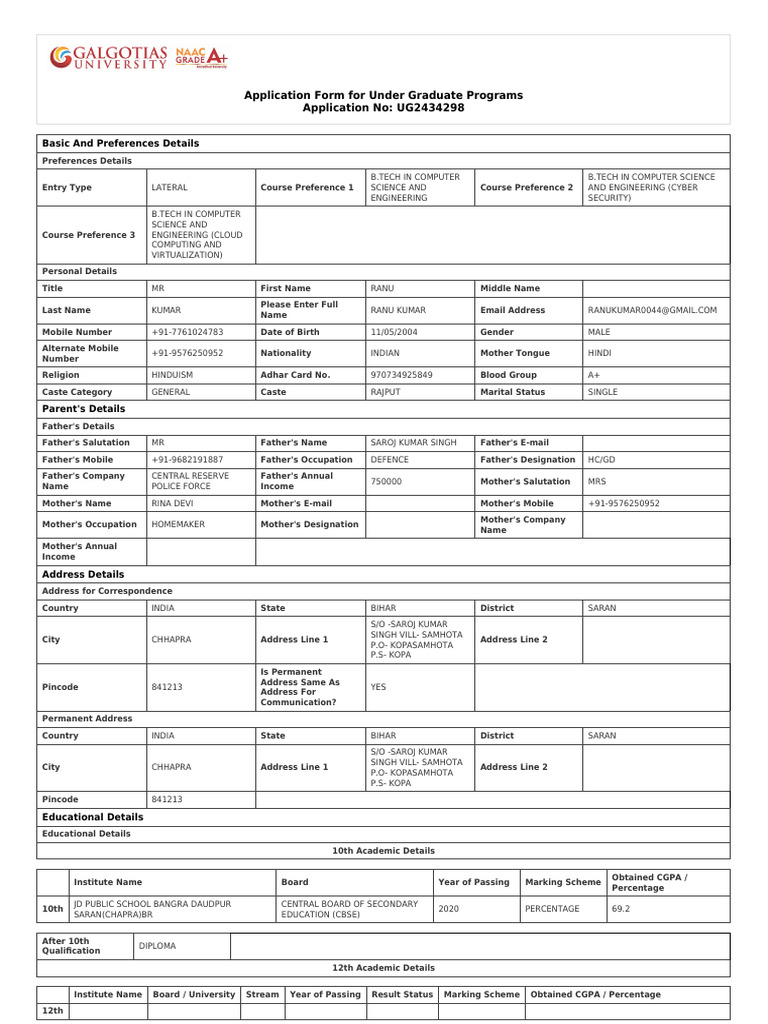 Undergraduate Application Form - B.Tech | PDF | Educational Stages ...