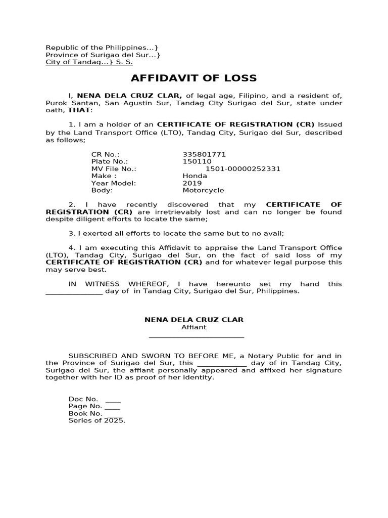 Affidavit of Loss for Vehicle Registration | PDF