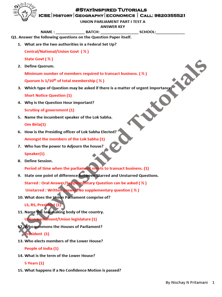 Union Parliament Test Answer Key | PDF | Governance | Government