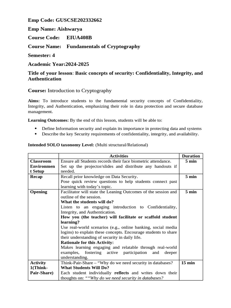 Fundamentals of Cryptography Lesson Plan | PDF | Computer Security ...