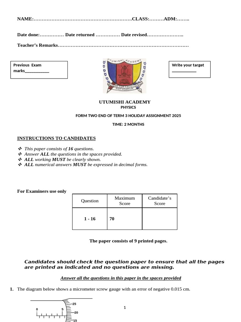 Form Two Physics Holiday Assignment 2025 | PDF | Mirror | Physical ...