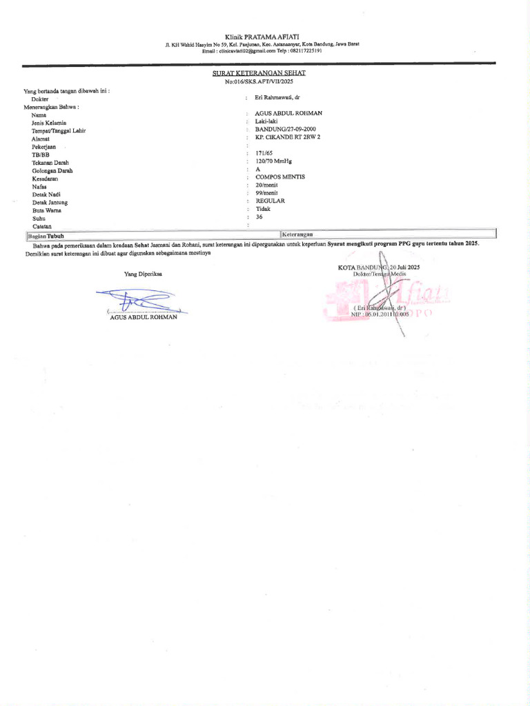 PJOK - Agus Abdul Rohman - Surat Keterangan Sehat | PDF