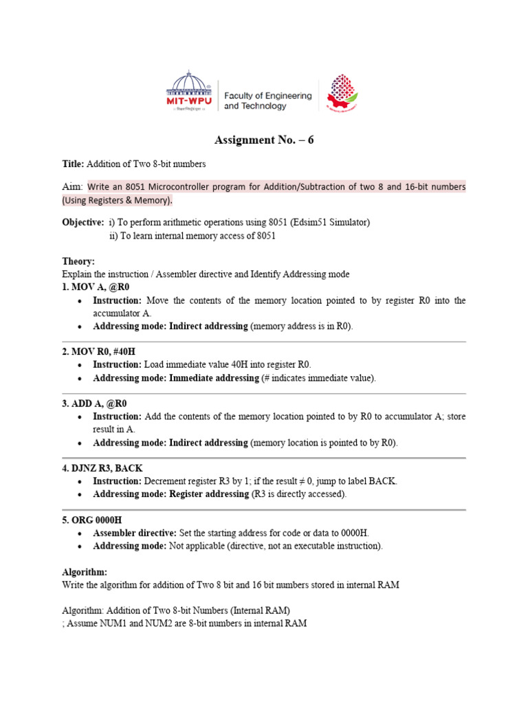 8051 Program for 8-bit Addition | PDF | Digital Electronics ...