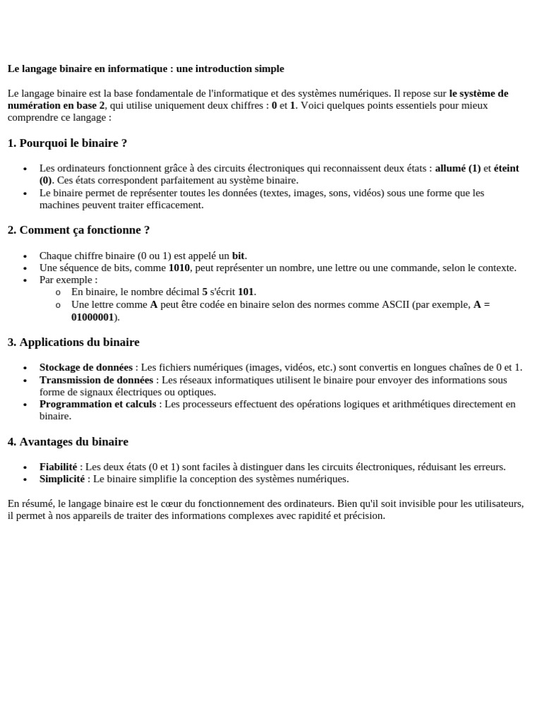 Introduction au langage binaire en informatique | PDF