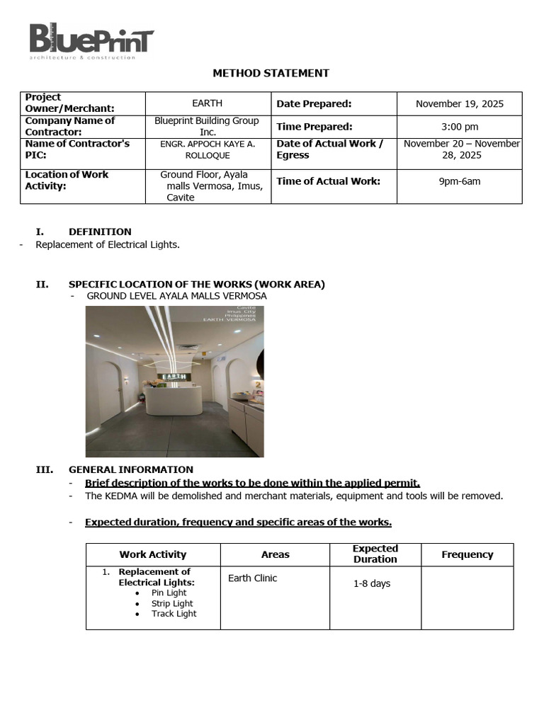Electrical Light Replacement Method Statement | PDF