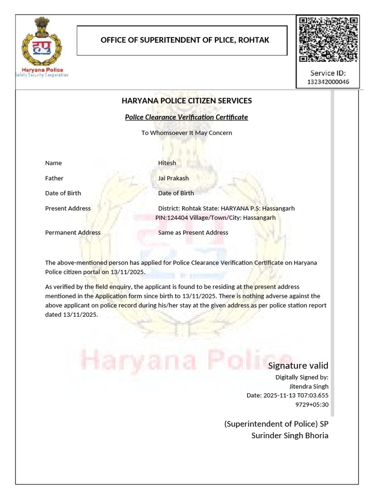 Haryana Police Clearance Certificate | PDF