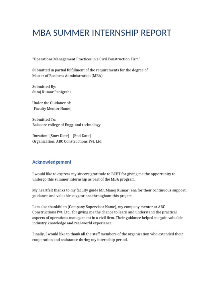 MBA Internship Report: Operations in Construction | PDF | Lean ...
