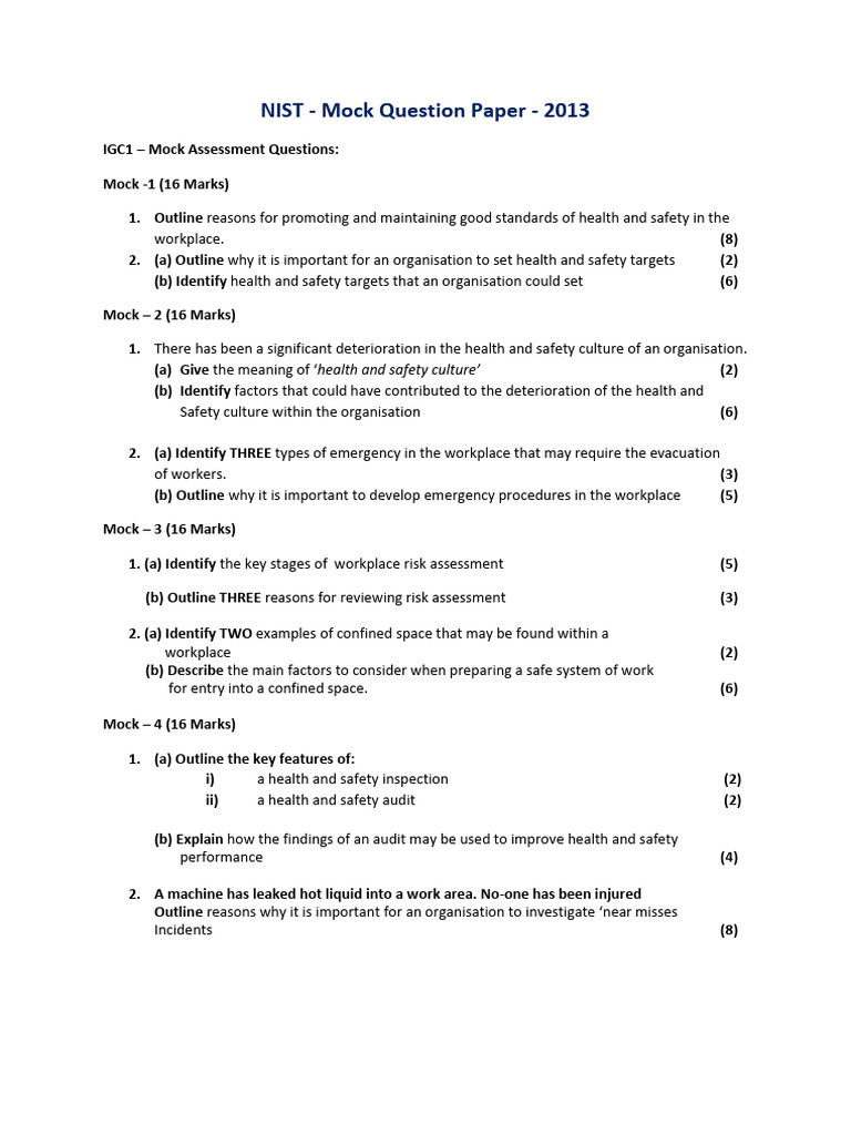 NIST 2013 Health and Safety Mock Exam | PDF | Occupational Safety And ...