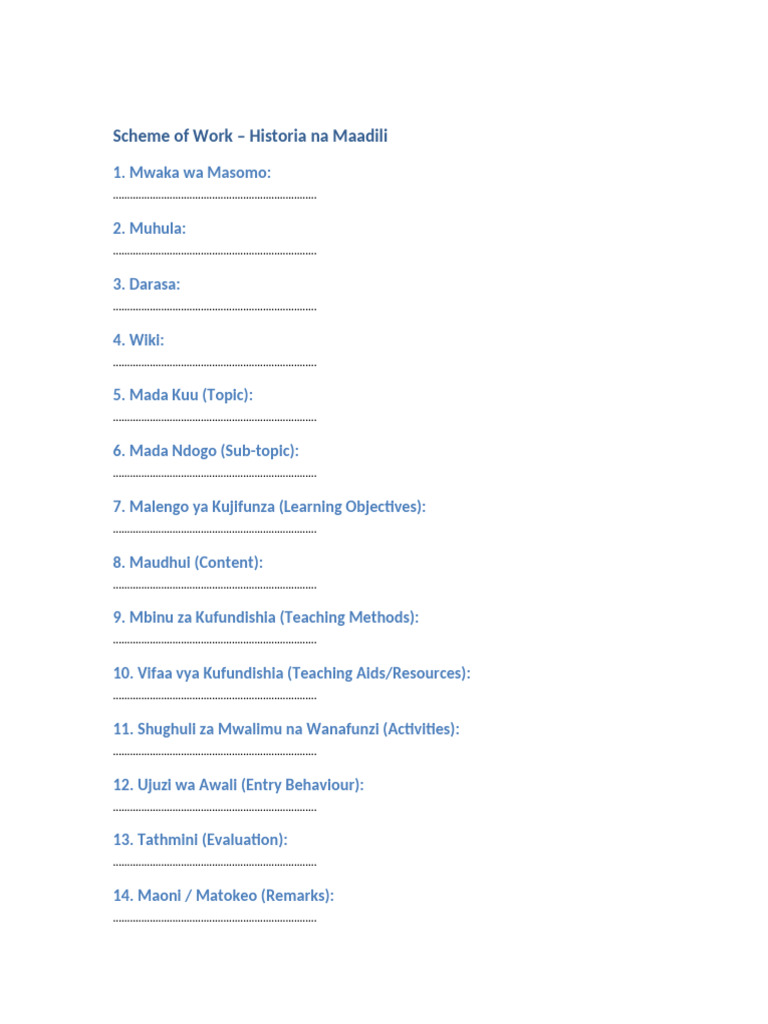 Scheme of Work Historia Na Maadili | PDF