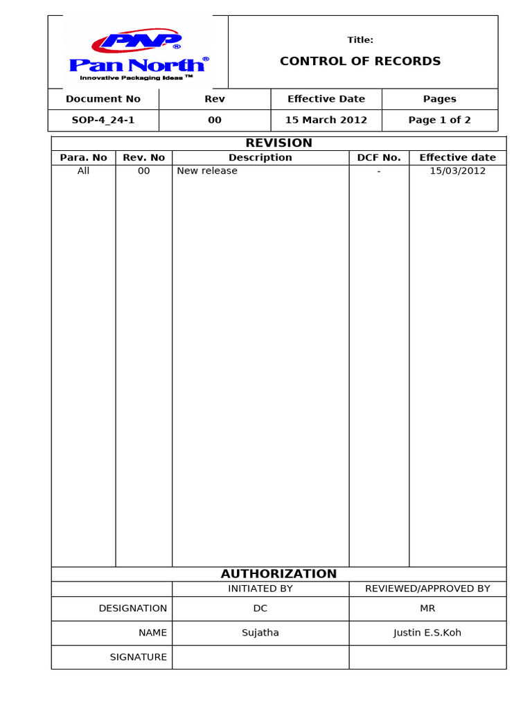 Control of Records SOP-4 - 23-1 Rev 00 | PDF