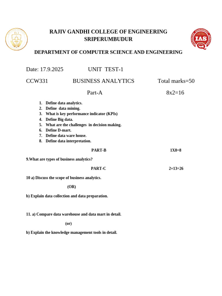 Business Analytics Unit Test - 1 | PDF