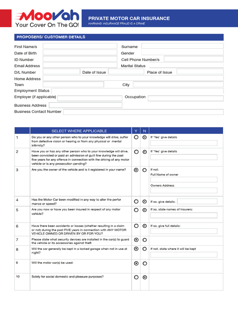 Private Motor Car Insurance Application | PDF | Insurance | Motor Vehicle