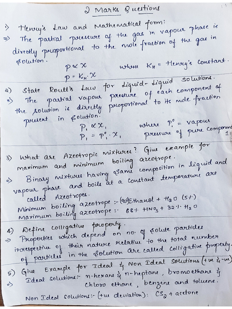 Chemistry 2 Marks Questions Complete 10 Chapters | PDF