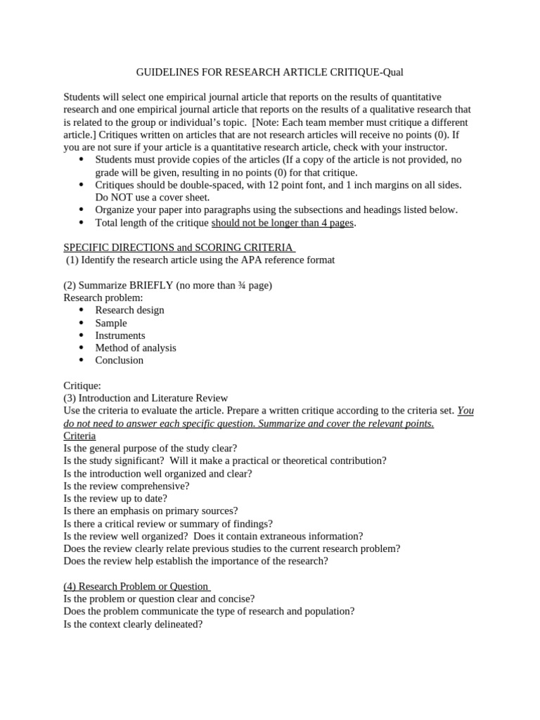 Research Article Critique Guidelines | PDF | Methodology | Cognition