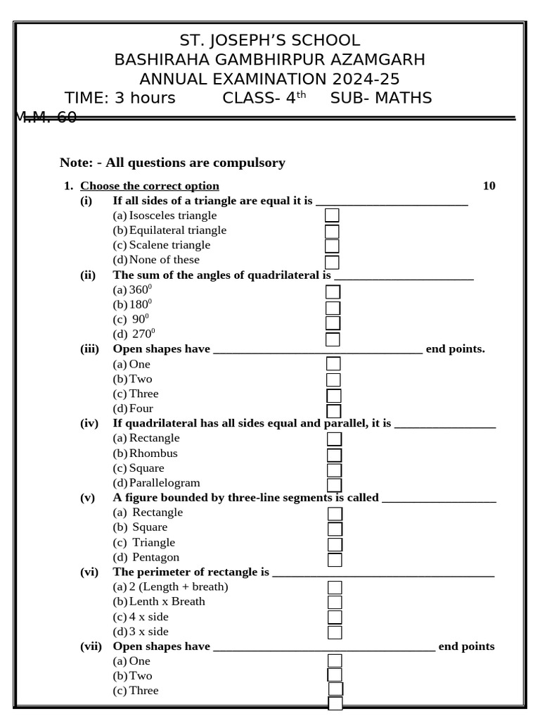 Class 4 Maths Annual Exam 2024-25 | PDF | Rectangle | Triangle