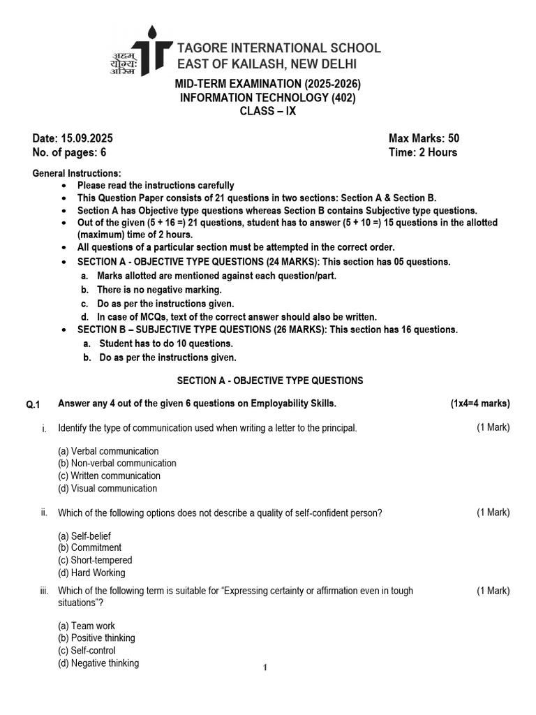 Class IX IT Mid-Term Exam Paper 2025 | PDF | Communication | Thought