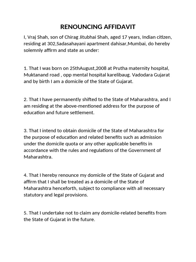 Maharashtra Domicile Renunciation Affidavit | PDF