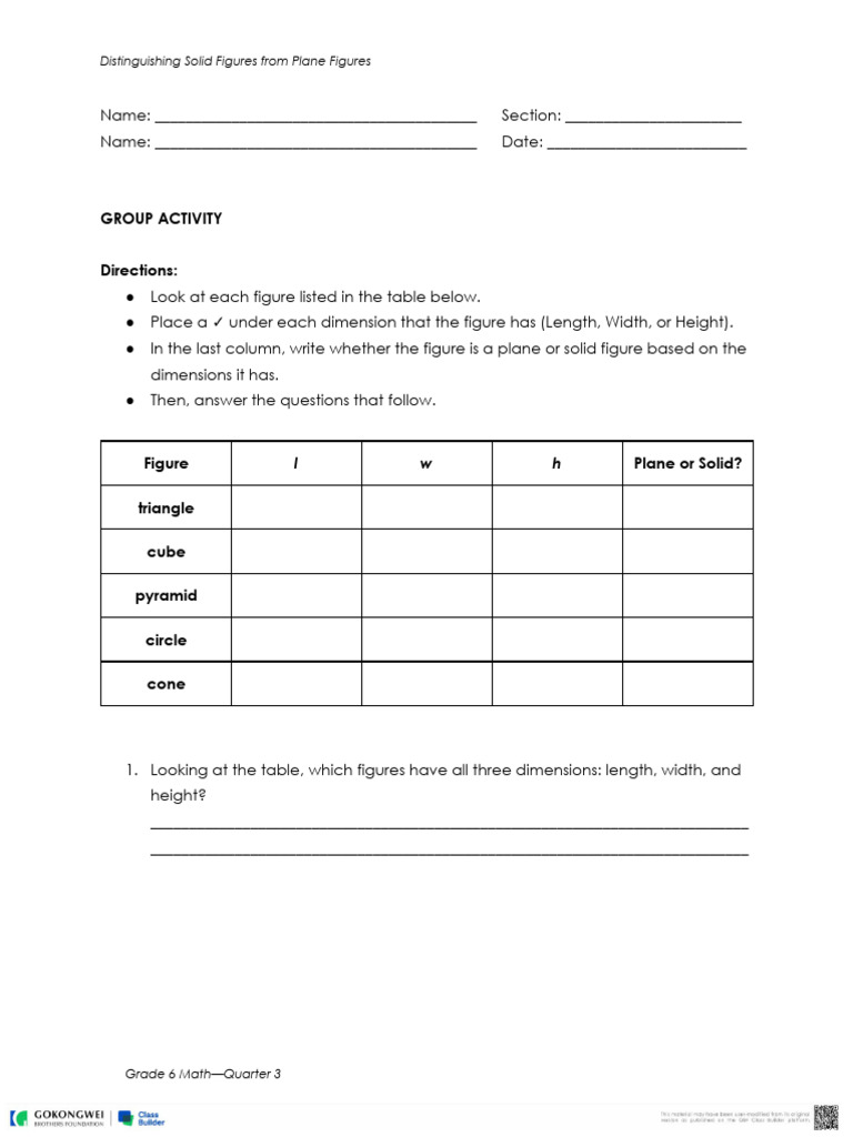 Solid vs. Plane Figures for Grade 6 | PDF | Shape | Length