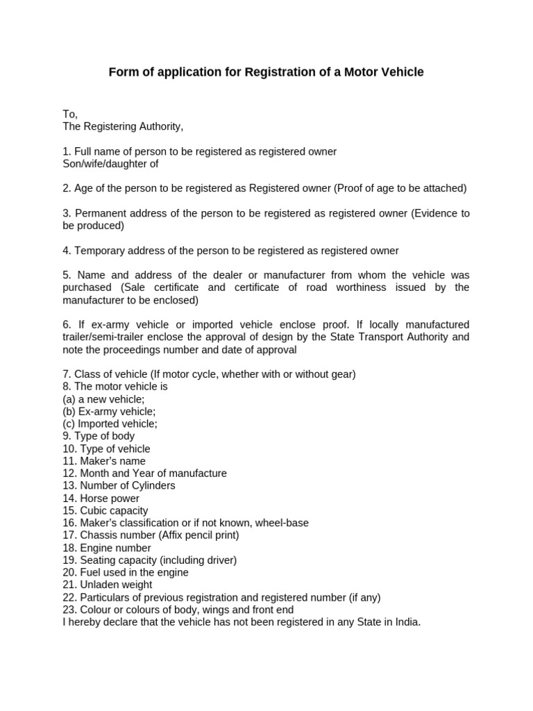 Motor Vehicle Registration Application Form | PDF | Semi Trailer Truck ...