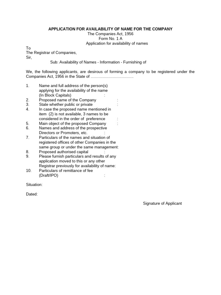 Company Name Availability Application Form | PDF