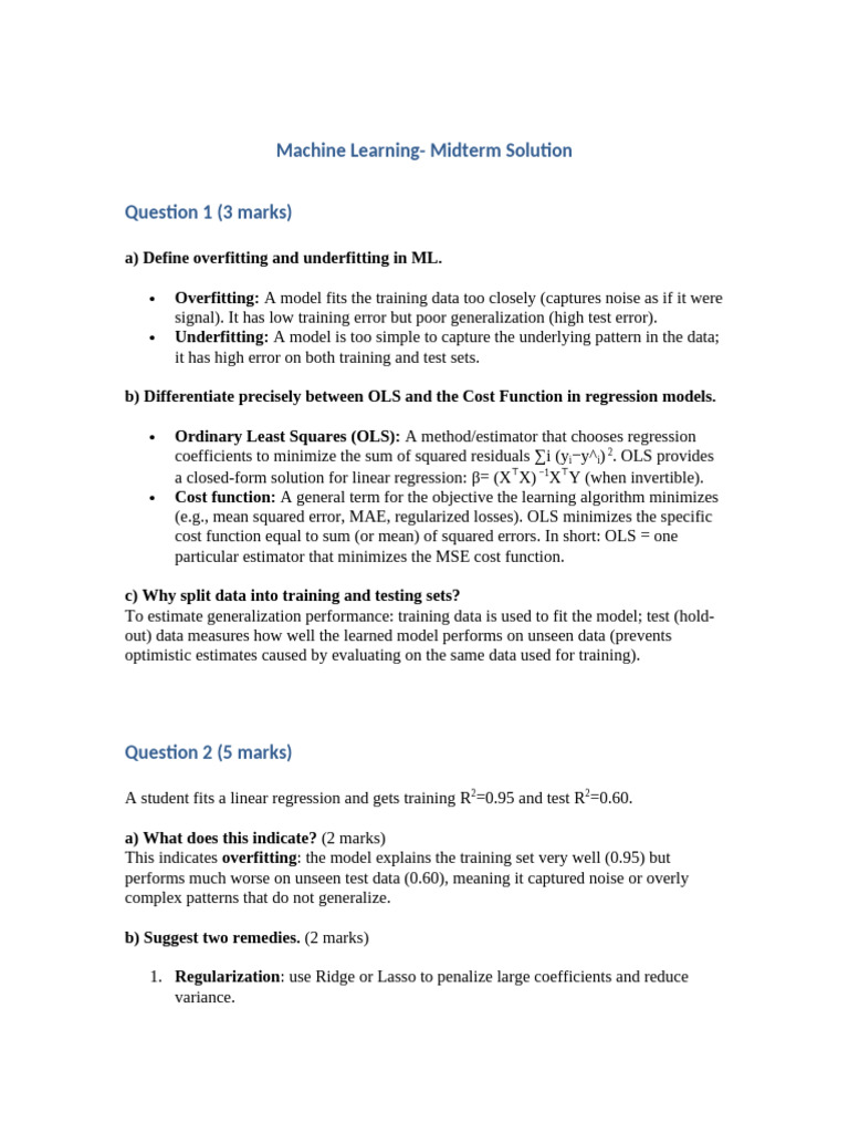 Machine Learning Midterm Solutions Explained | PDF | Ordinary Least ...